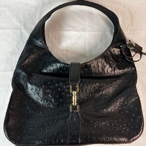 G.I.L.I Black Ostrich Embossed Leather Classic Hobo bag